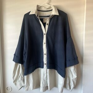 We the Free Navy and White Layered Button-Up Shirt